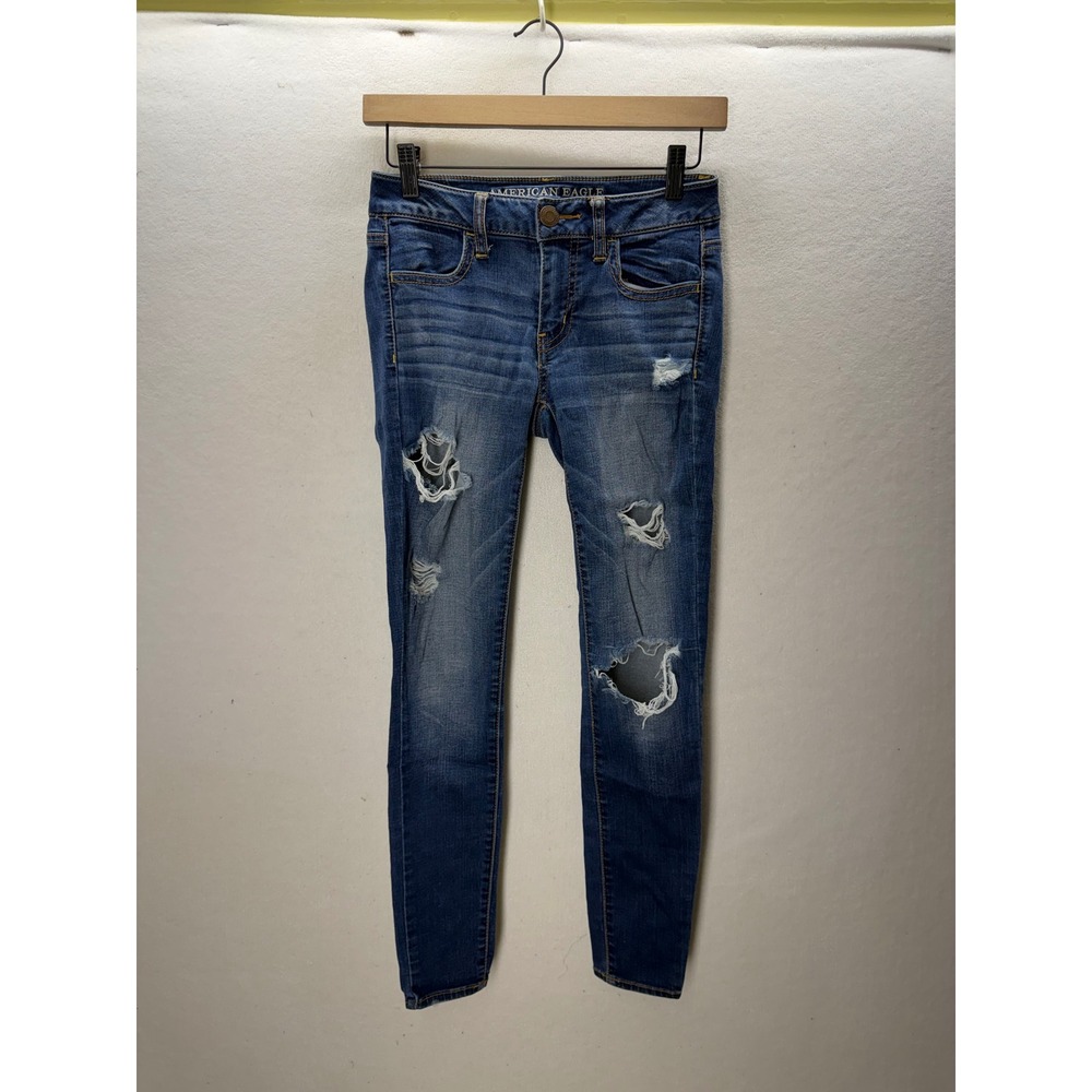 American Eagle Jegging Women 2 Short Blue Distressed Skinny Jeans Denim 3542
